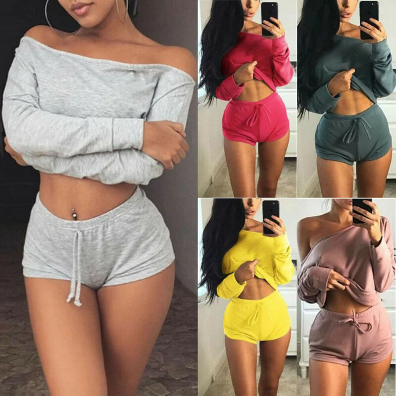 Off Shoulder Crop Top & Shorts Houndstooth Herringbone Solid