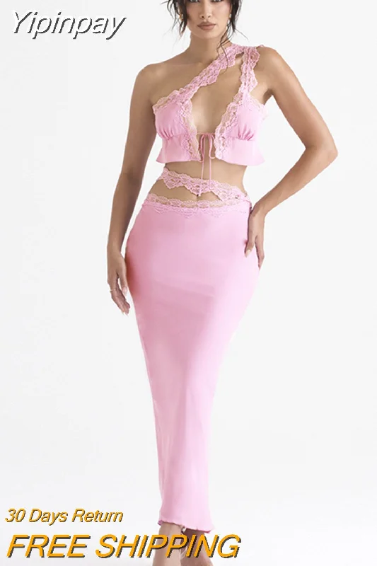 Yipinpay 2 Pieces Set Sexy Elegant Pink One Shoulder Crop Top and Long Skirt Set Satin Evening Night Party Dresses Women Outfit 2023 Welt Pockets Slit Pockets Flap Pockets Yipinpay 2 Pieces Set Sexy Elegant Pink One Shoulder Crop Top and Long Skirt Set Satin Evening Night Party Dresses Women Outfit 2023 Welt Pockets Slit Pockets Flap Pockets