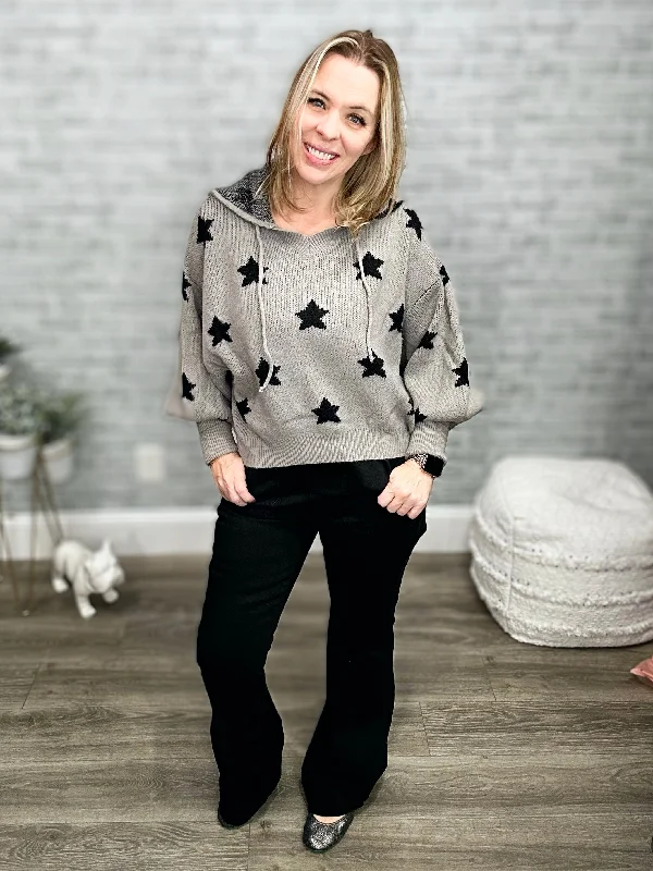 Hooded Knit Gray and Black Star Sweater Transparent Opaque Sheer