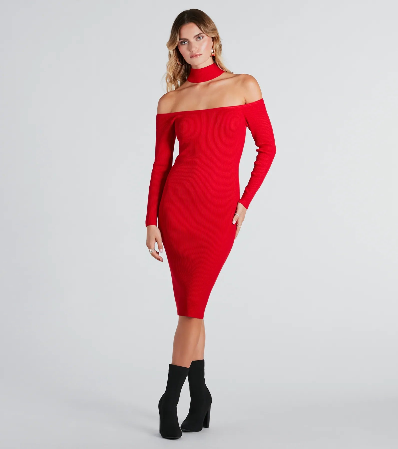 Highly Selective Choker Neck Sweater Midi Dress Welt Pockets Slit Pockets Flap Pockets Highly Selective Choker Neck Sweater Midi Dress Welt Pockets Slit Pockets Flap Pockets
