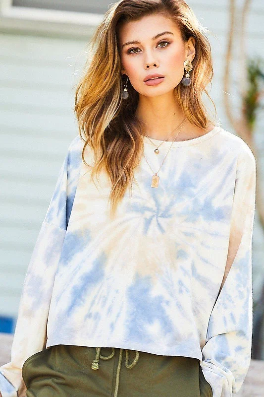 Round Neck Oversize Fit Crop Tie-dye French Terry Pullover Over Sleeve Pullover