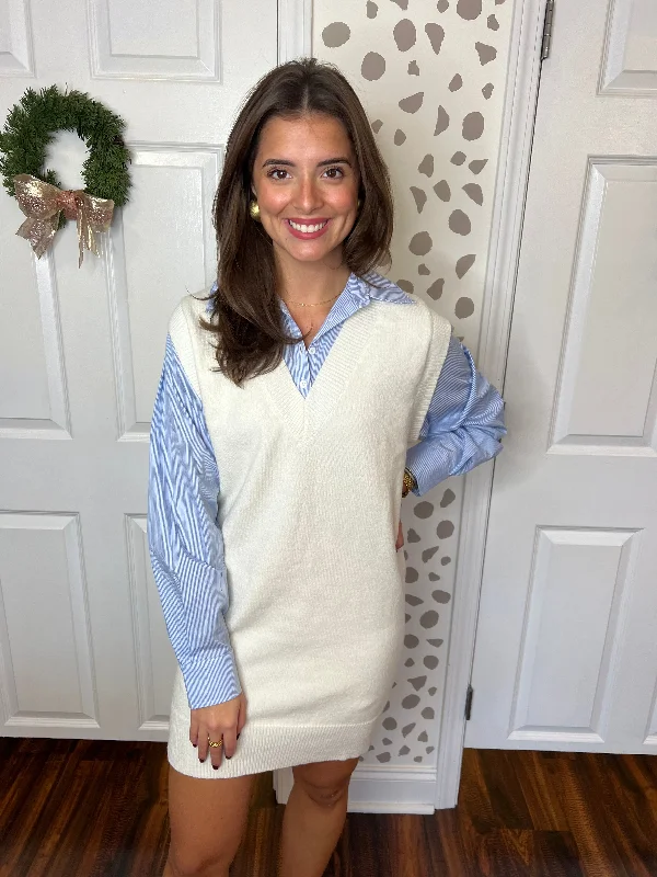 Cream/Blue Sweater Dress Stylish Fashionable Trendy