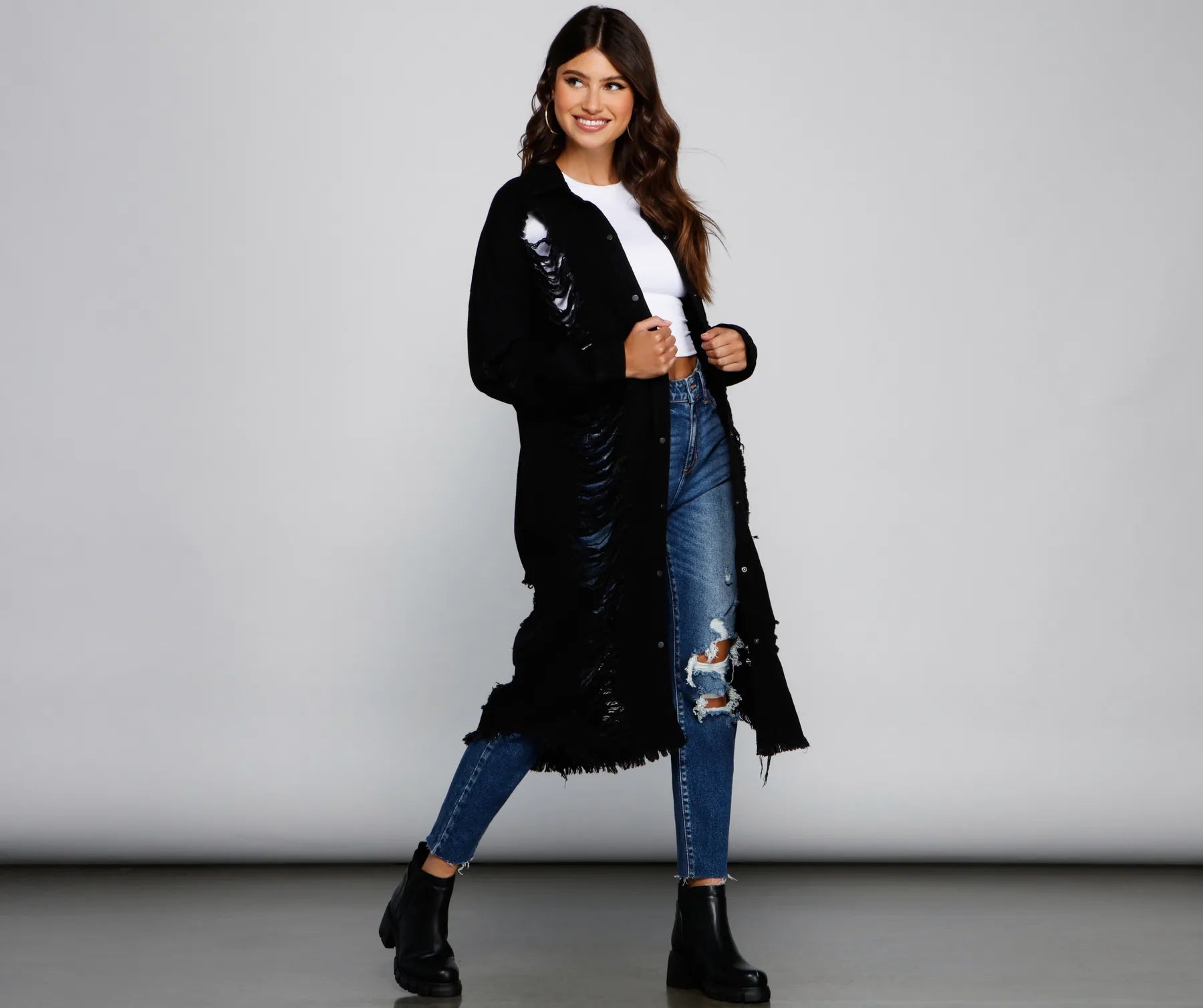 Distressed Deets Longline Denim Jacket Welt Pockets Slit Pockets Flap Pockets