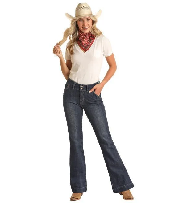 Rock & Roll, Ladies Dark Vintage High Rise Trouser Jeans Chinos Cotton Straight Leg