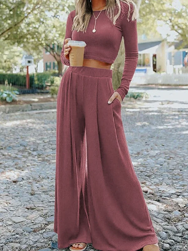 Sophisticated Knit Two-Piece Set: Crop Top and Wide Leg Pants Welt Pockets Slit Pockets Flap Pockets Sophisticated Knit Two-Piece Set: Crop Top and Wide Leg Pants Welt Pockets Slit Pockets Flap Pockets