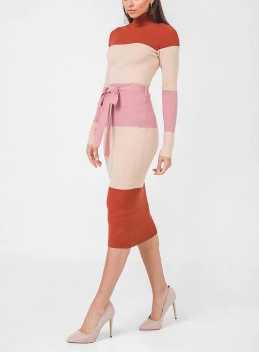 Midi Color blocked Sweater dress Satin Fabric Silk Fabric Chiffon Fabric