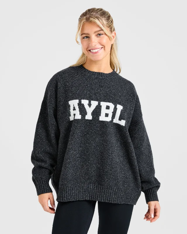 Varsity Oversized Knitted Sweater - Charcoal Turtle Neck Boat Neck Asymmetrical Neck Varsity Oversized Knitted Sweater - Charcoal Turtle Neck Boat Neck Asymmetrical Neck