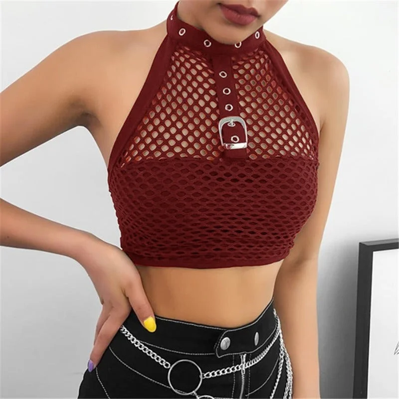 Mesh Crop Top Zippered Front Buttoned Front Snap Front