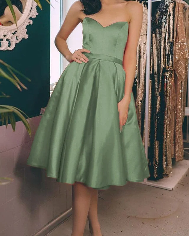 Tea Length Satin Dresses Strapless Bodice Corset