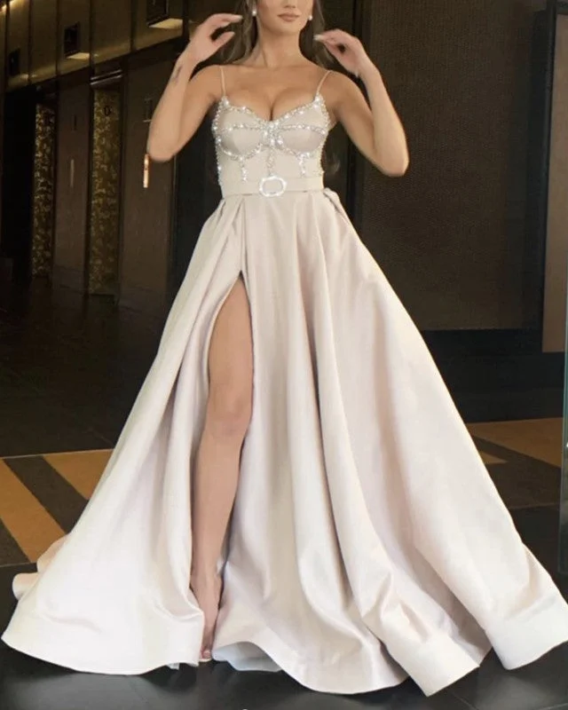 Spaghetti Straps Satin Prom Split Dresses Beaded Corset
