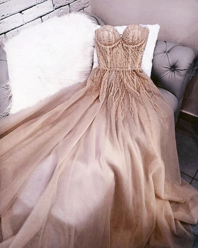 Long Tulle Beaded Sweetheart Corset Prom Dress