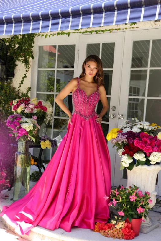 Ava Presley 29521 Long Sheer Crystal Corset Pageant Dress Formal Ballgown Prom Train