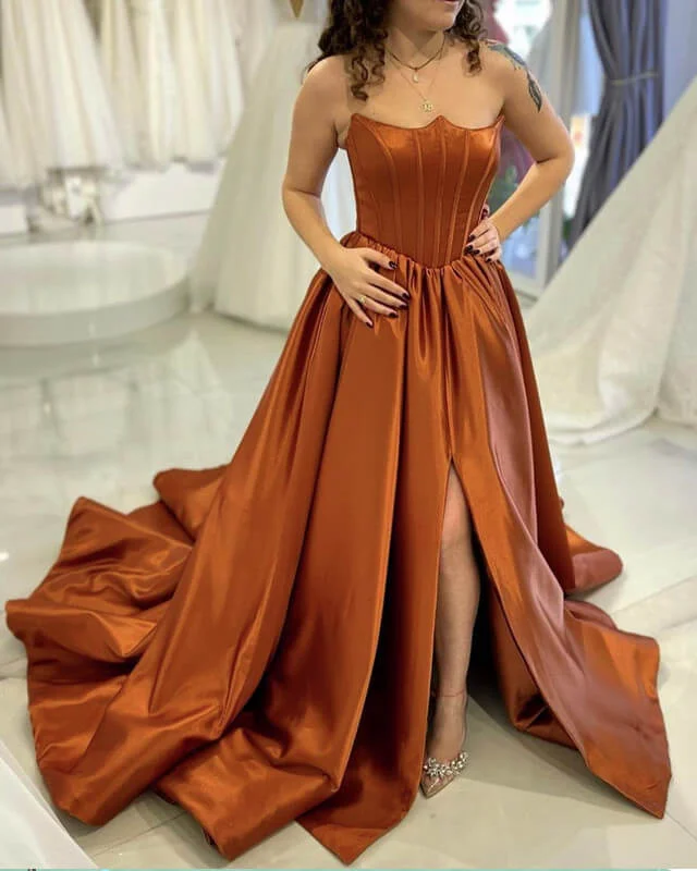 Long Burnt Orange Strapless Corset Gown