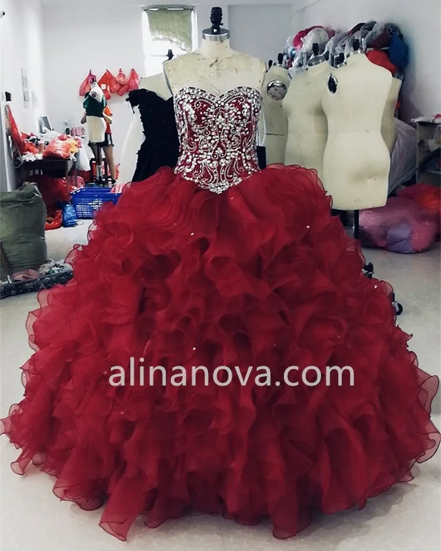 Crystal Beaded Sweetheart Bodice Corset Organza Ruffles Ball Gowns Quinceanera Dresses