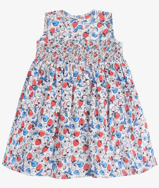 Emma Strawberry Print Smocked Girls Dress - 9-12 Months