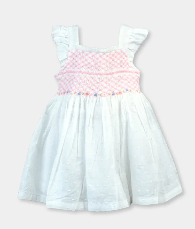 Girls Flutter Sleeved Pink Smocked Dress - White