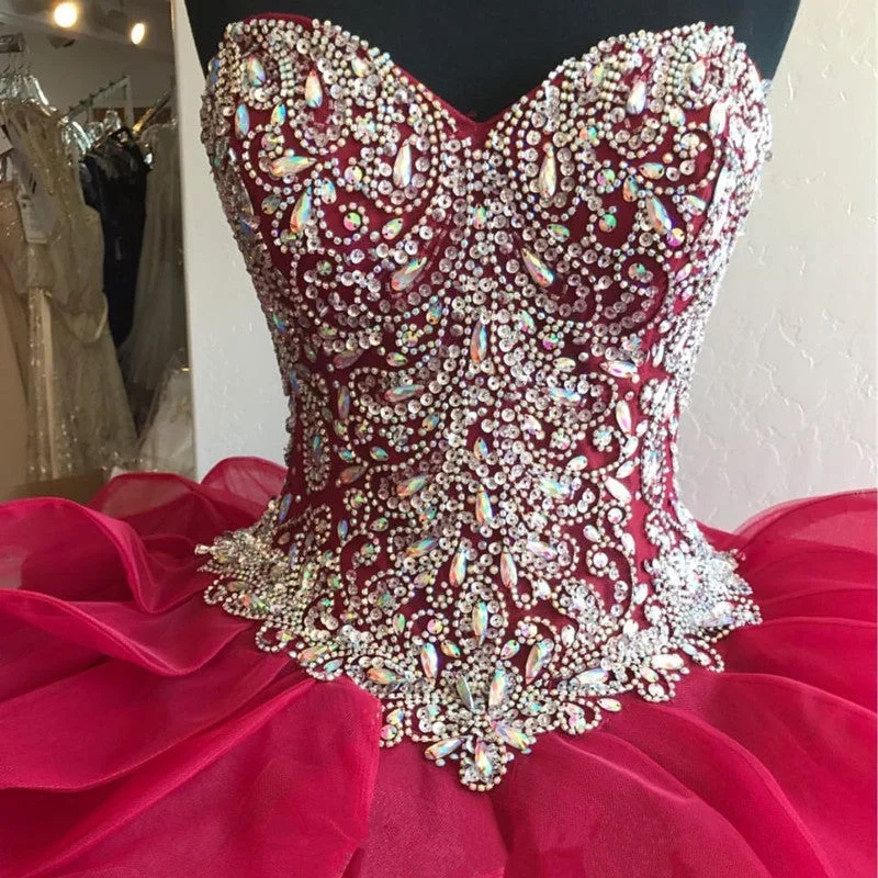 Gorgeous Crystal Beaded Bodice Corset Organza Ruffles Quinceanera Dresses Ball Gowns