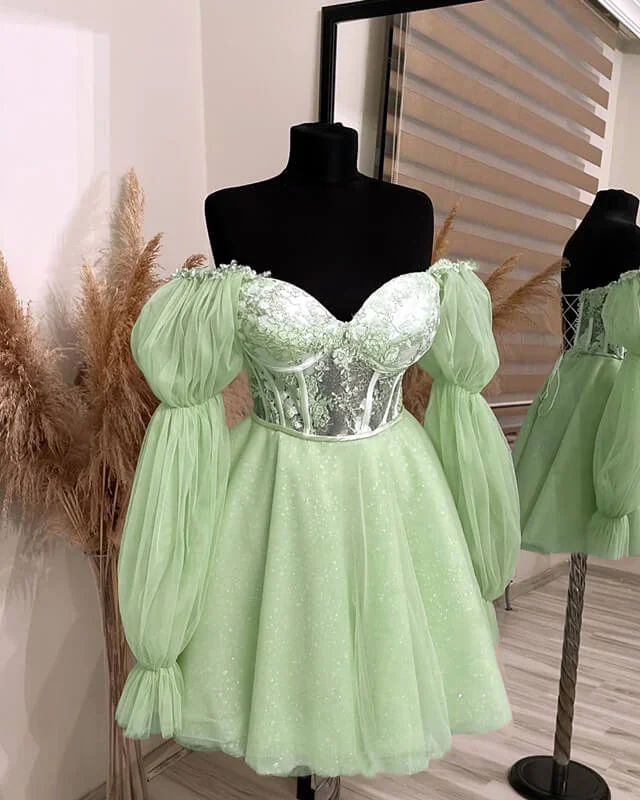 Short Puffy Sleeves Lace Appliquess Corset Dress