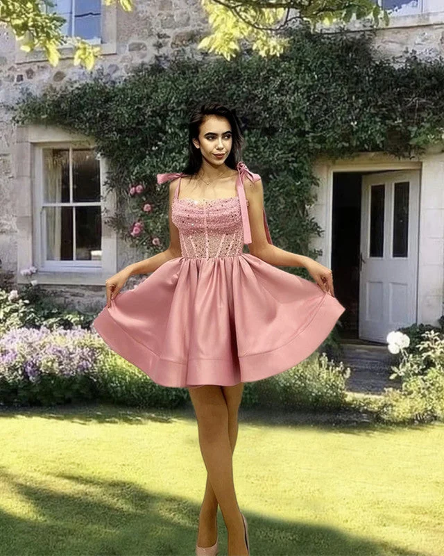 Short Pink Bow Straps Sequin Beaded Corset Dress