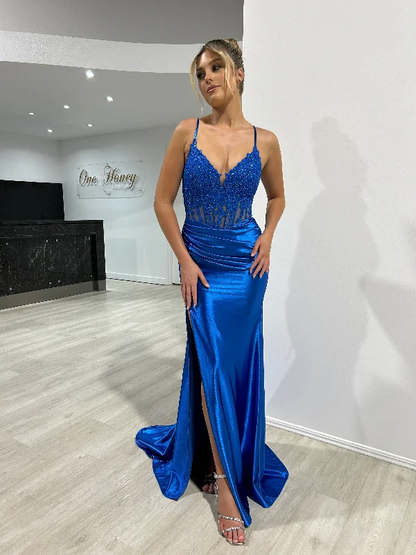 Honey Couture LORNA Embellished Corset Satin Mermaid Formal Dress