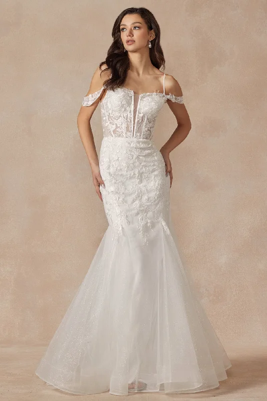 JULIET 290W Leaf Lace Embroidered Fitted with Plunging Deep V-Neck Gown