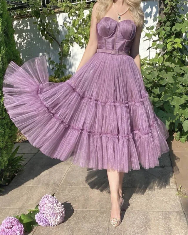 Mauve Purple Tulle Tea Length Corset Dress