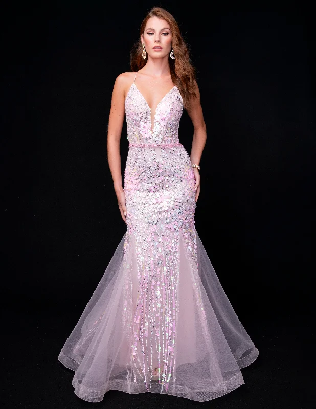 Nina Canacci 8232 Sheer Corset Sequin Mermaid Prom Dress Backless Formal Gown