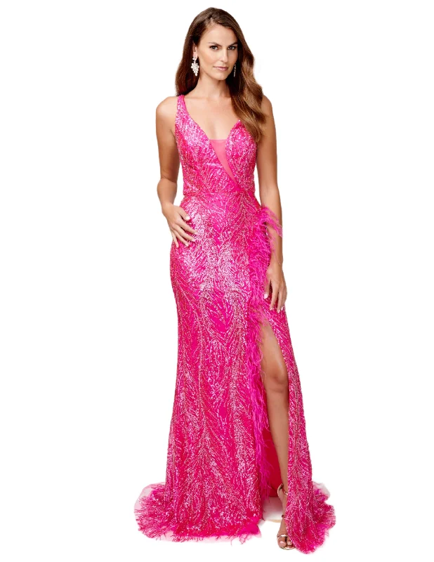 Nina Canacci 9158 Beaded Feather Formal Dress Backless Corset Slit Formal Gown Sheer
