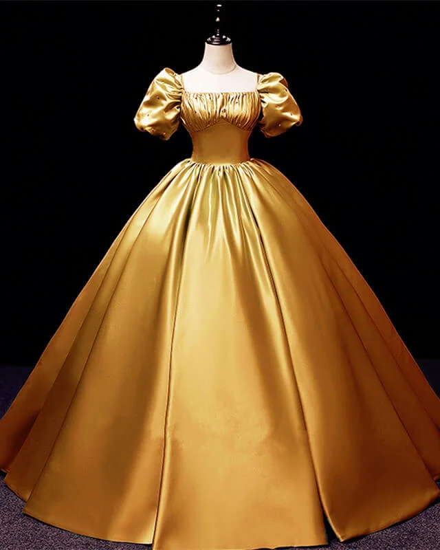 Puffy Sleeve Satin Floor Length Ball Gown Corset Dress