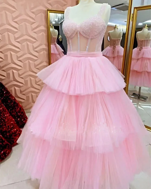 Pink Tulle Sheer Corset Prom Dress