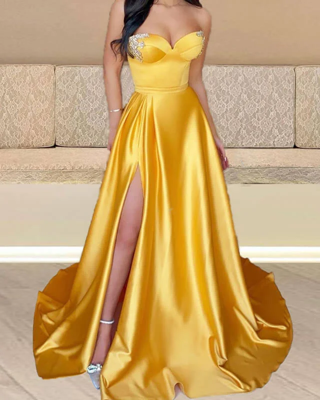 Bright Gold Satin Sweetheart Corset Slit Dress