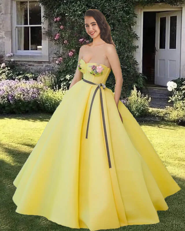 Yellow Ball Gown Sweetheart Corset Dress With 3D Flowers