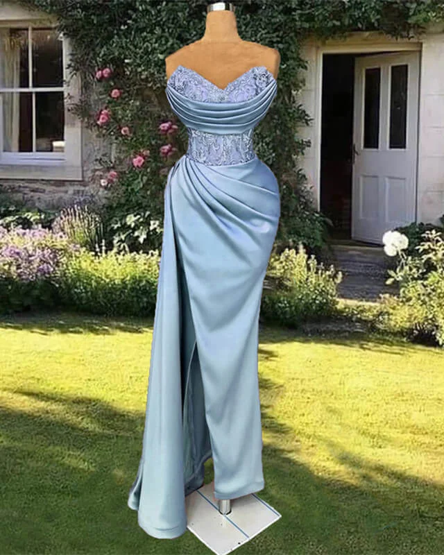 Mermaid Lace Apppliques Corset Split Satin Dress
