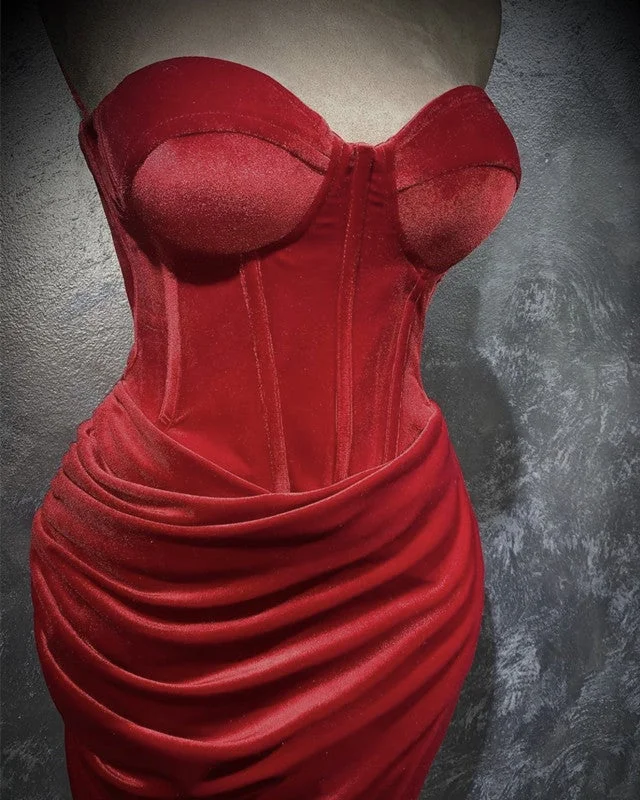 Red Velvet Split Corset Prom Dresses