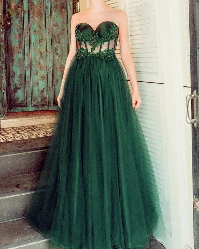 See Through Corset Prom Dresses Tulle Floor Length