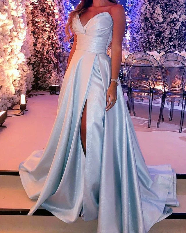 Side Split Prom Dresses V Neck Satin Corset