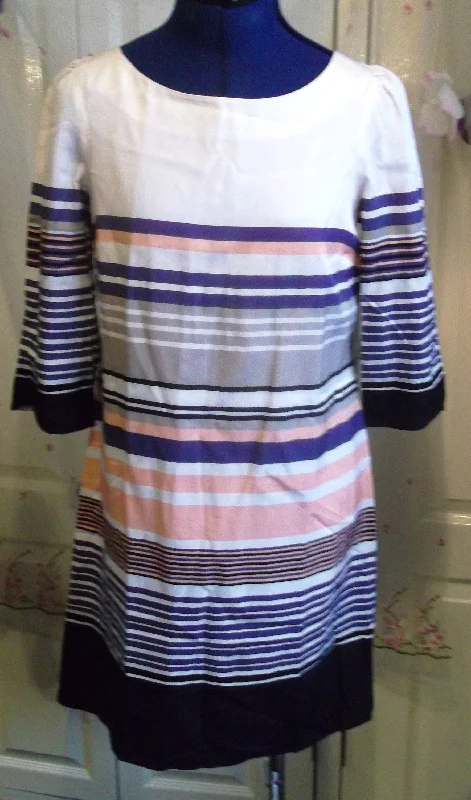 Size 8 Monsoon Dress Silk.Striped,lined,3/4 Length Sleeves, lined,button mandarin collar.