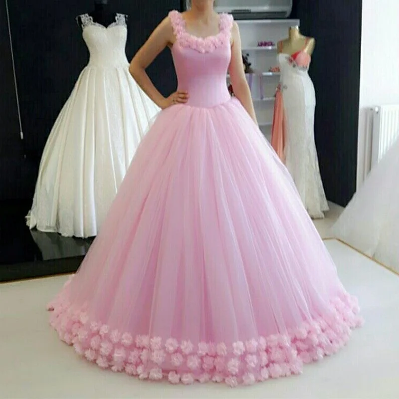 Spaghetti Straps Pink Flower Ball Gowns Quinceanera Dresses Bodice Corset