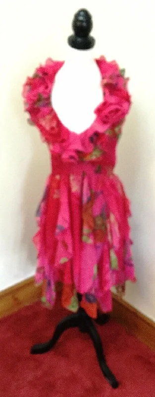 Stunning Ax Paris Cerise Print Halter Neck Dress Size 10-rose ruffle detail,diagonal hemline. gorgeous..