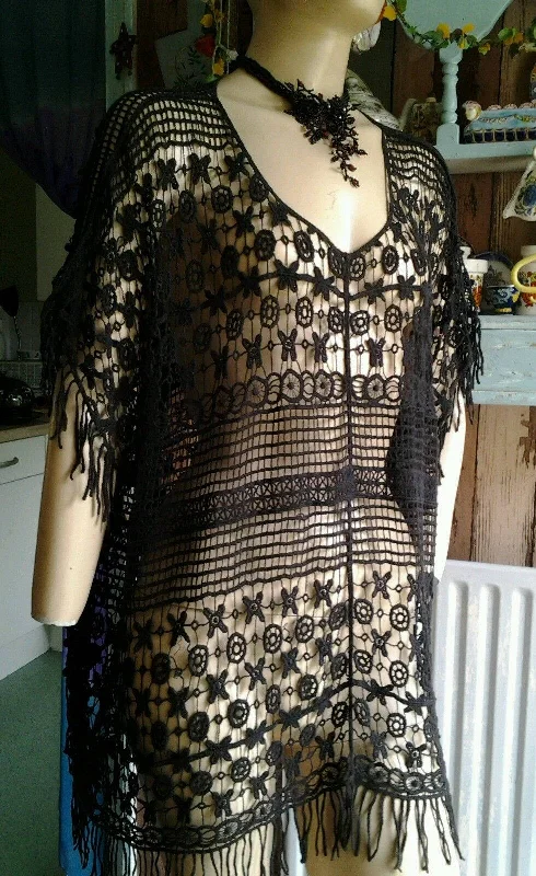 Vintage Steampunk goth hippy black Cotton MIX Crochet dress
