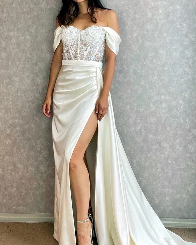 White Mermaid Corset Prom Dresses Split